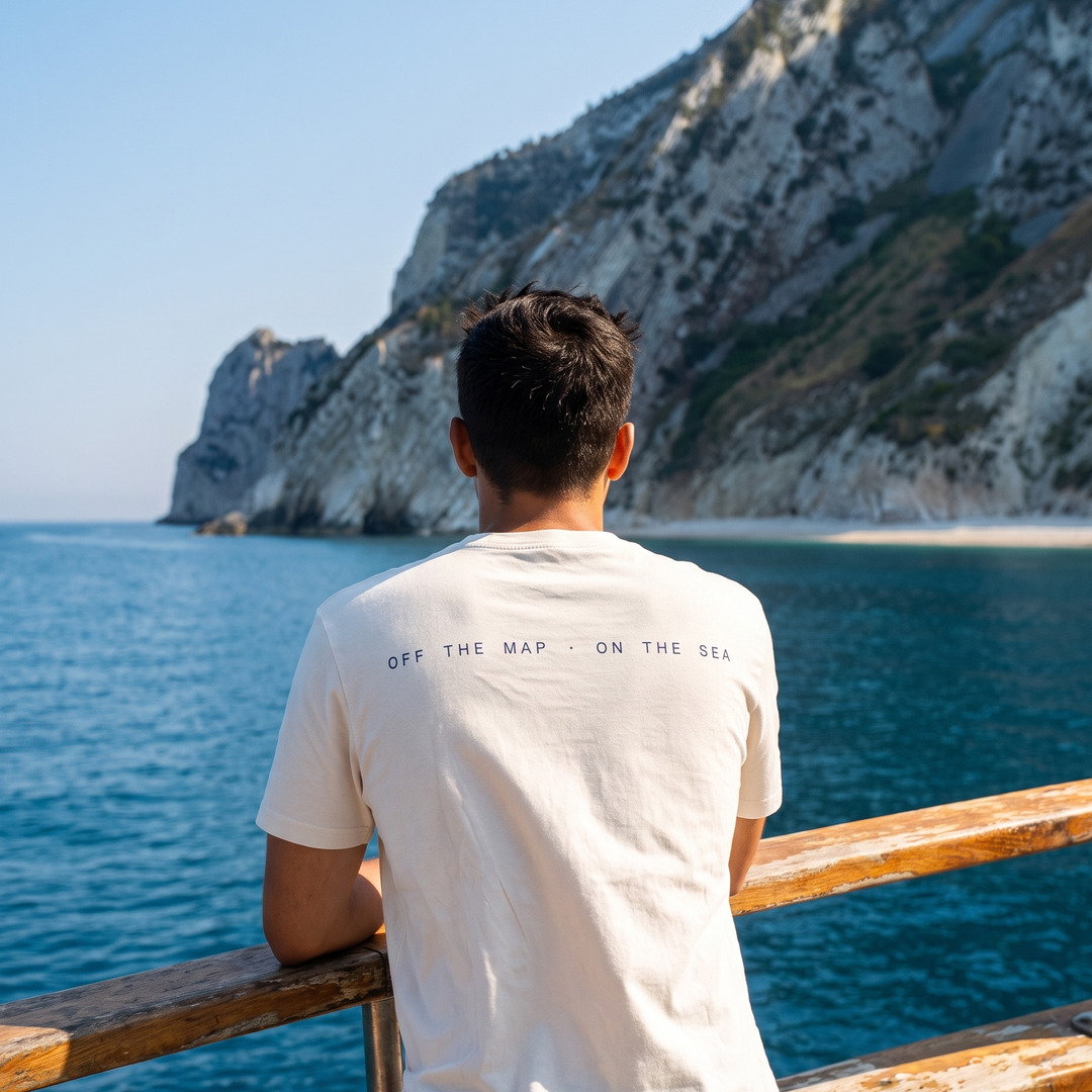 Stampa sul retro di una t-shirt OFFSEE davanti alla falesia