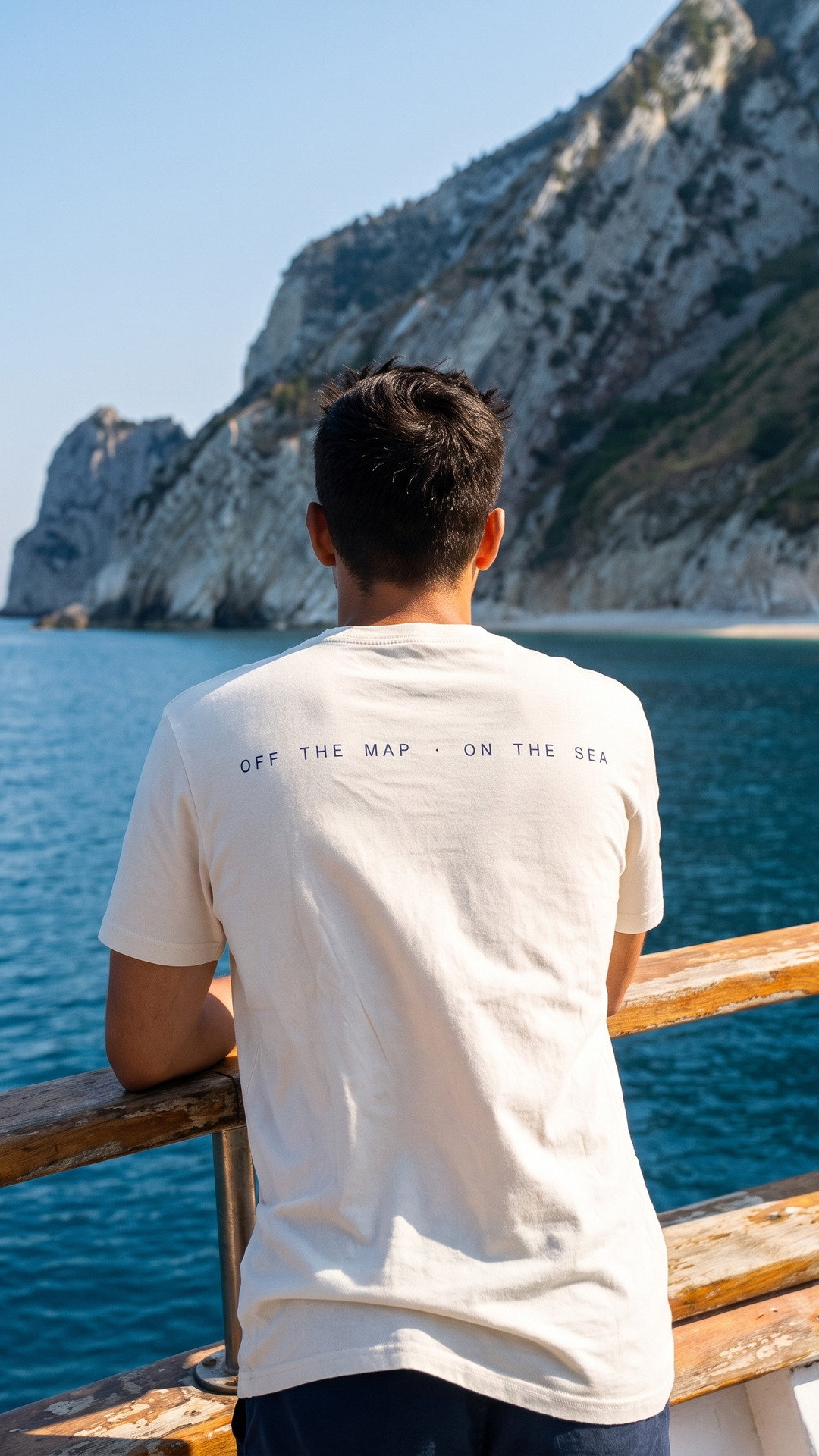 Stampa OFFSEE sul retro di una t-shirt, davanti alla falesia bianca